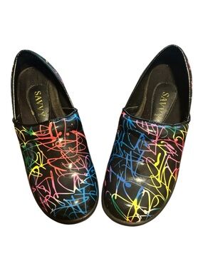 SAVVY Brandy Neon Rainbow Graffiti Clogs Shoes 7.5